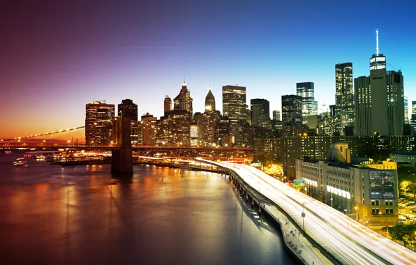 Картинка мост, огни, дома, Нью-Йорк, небоскребы, вечер, США, набережная