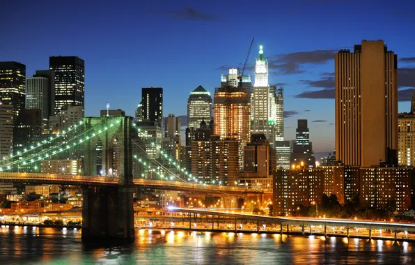 Ночь, огни, Нью-Йорк, небоскребы, USA, Бруклинский мост, NYC, New York City