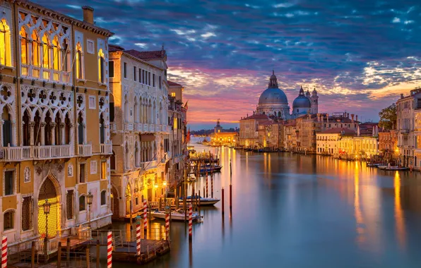 Картинка ночь, огни, дома, Италия, Венеция, собор, канал