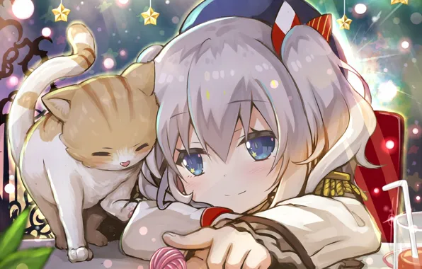 Аниме, арт, девочка, котёнок, Звёздочки, kantai collection, Флотская Коллекция