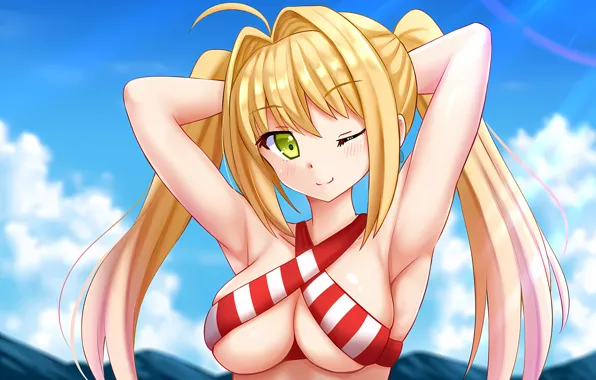 Girl, sexy, cleavage, sky, long hair, boobs, anime, beautiful