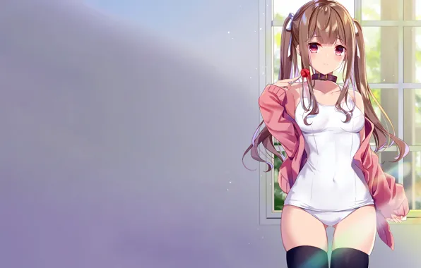 Girl, sexy, cleavage, thighhighs, long hair, brown hair, boobs, anime