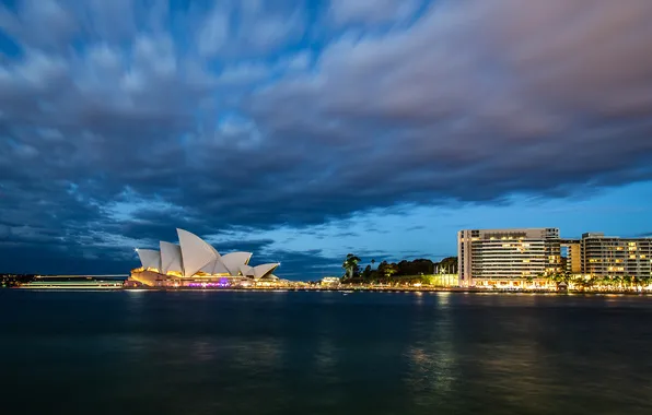 Картинка небо, облака, огни, вечер, Австралия, театр, Сидней, опера