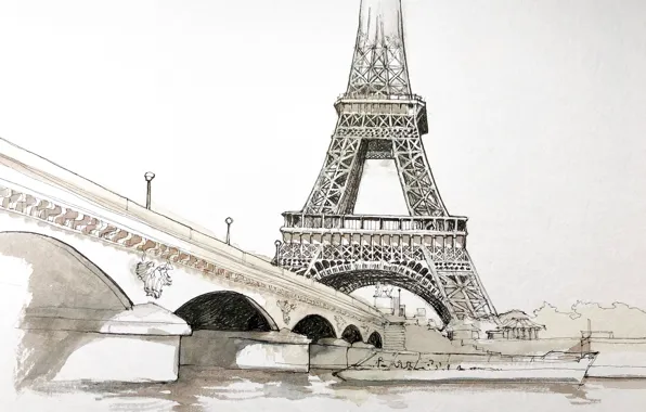 Рисунок, Париж, акварель, Эйфелева башня, городской пейзаж, Йенский мост