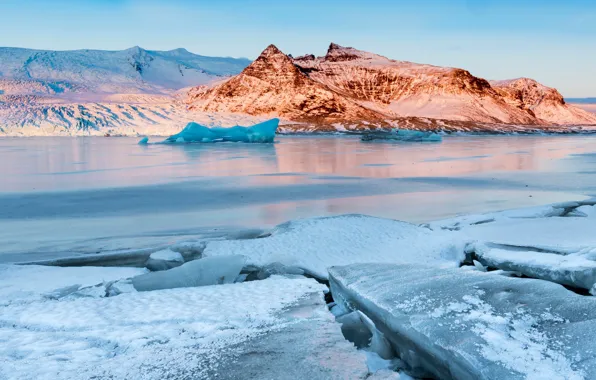 Картинка лед, зима, небо, солнце, снег, горы, река, Исландия