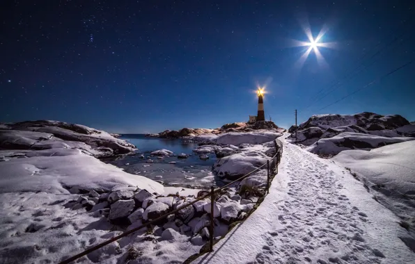 Winter, moonlight, lighthouse