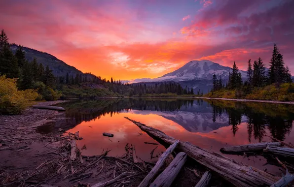 Лес, небо, деревья, закат, горы, озеро, отражение, National Park