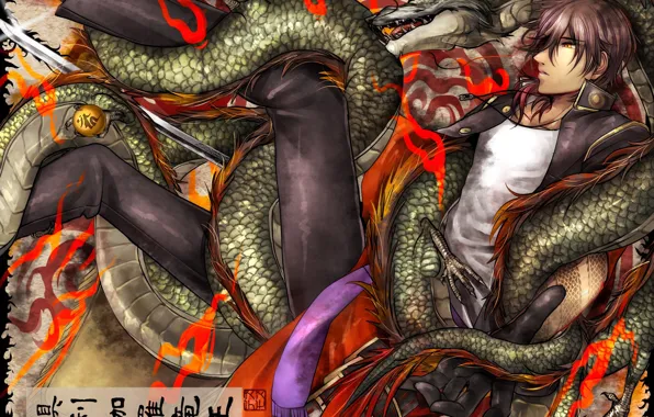 Дракон, аниме, арт, парень, Touken ranbu