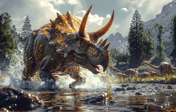 Вода, Деревья, Брызги, Рога, Животные, Triceratops, Цифровое искусство, Динозавры