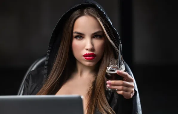 Brown eyes, model, chair, women, face, brunette, laptop, sitting