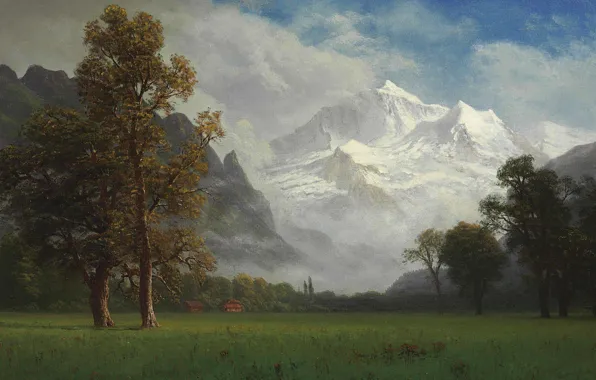 Деревья, пейзаж, горы, природа, картина, Альберт Бирштадт, Jungfrau
