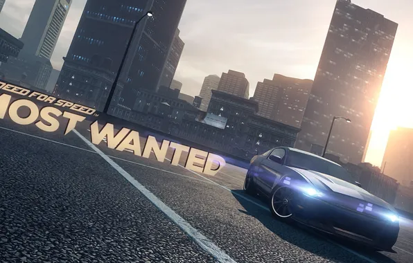 Город, надпись, вечер, автомобиль, need for speed most wanted 2, Ford Mustang Boss
