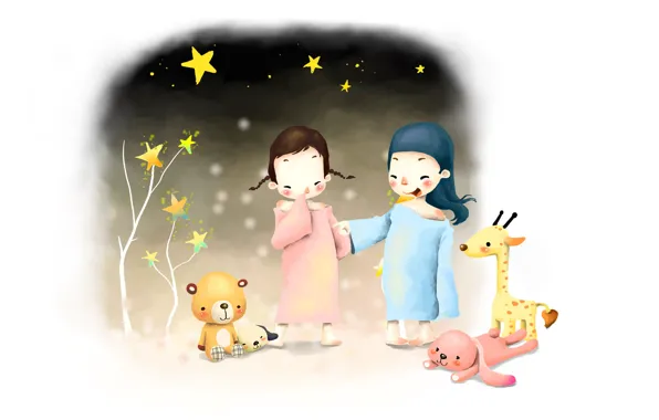 Картинка дети, девочки, игрушки, рисунок, заяц, звёзды, жираф, мишка