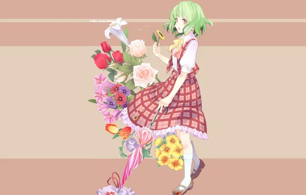 Цветы, аниме, девочка, kazami yuuka
