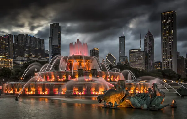 Картинка подсветка, Чикаго, фонтан, США, Chicago, Buckingham Fountain