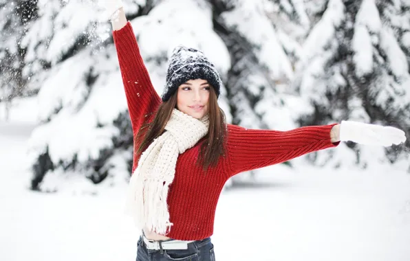 Зима, взгляд, снег, деревья, поза, шапка, Девушка, руки