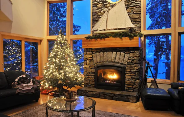 Картинка диван, елка, окно, Рождество, камин