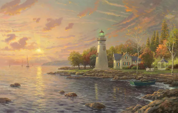Картинка осень, закат, озеро, дом, лодка, маяк, вечер, парус