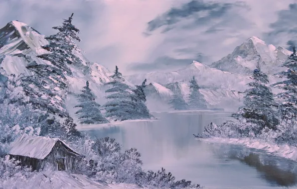 Картинка зима, лес, снег, горы, живопись, изба