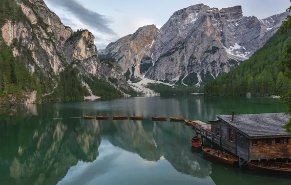 Лес, горы, озеро, берег, склоны, лодки, Альпы, водоем