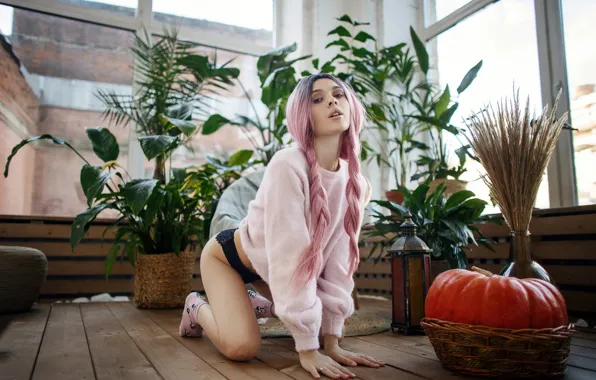 Ass, panties, pink hair, model, chair, women, brunette, plants