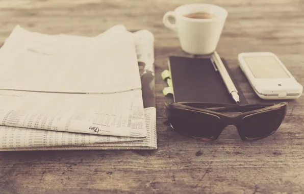 Кофе, очки, ручка, чашка, газета, блокнот, пресса, photo