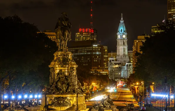 Картинка ночь, город, фото, дома, фонари, USA, Philadelphia