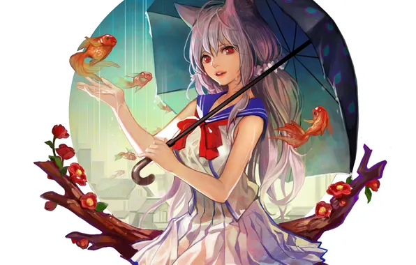 Картинка девушка, рыбки, цветы, зонт, аниме, арт, форма, школьница