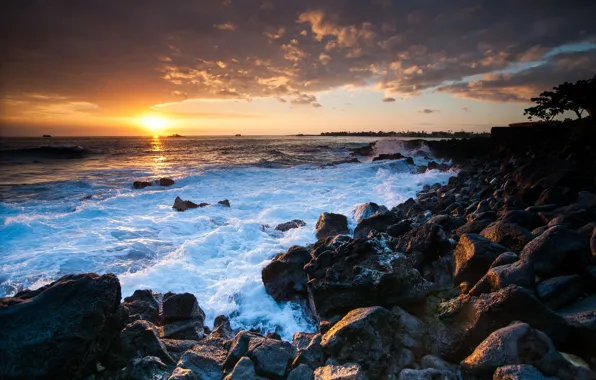 Картинка закат, камни, океан, побережье, Гавайи, Hawaii
