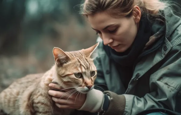 Осень, кошка, кот, взгляд, девушка, природа, поза, рука
