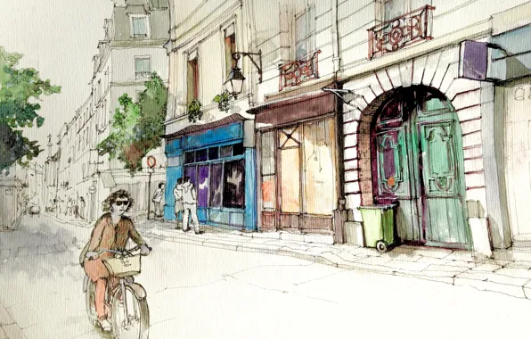 Картинка улица, рисунок, Франция, Париж, дома, акварель