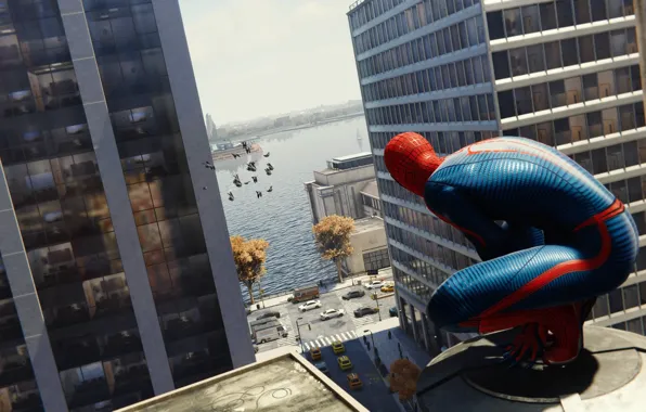 Крыша, город, небоскреб, spider, герой, spider man, marvels spider man