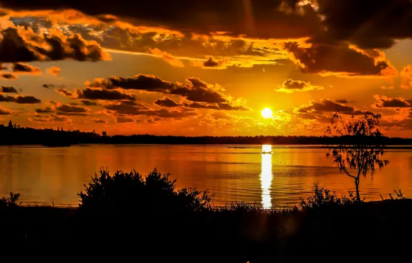 Картинка небо, закат, озеро, вечер