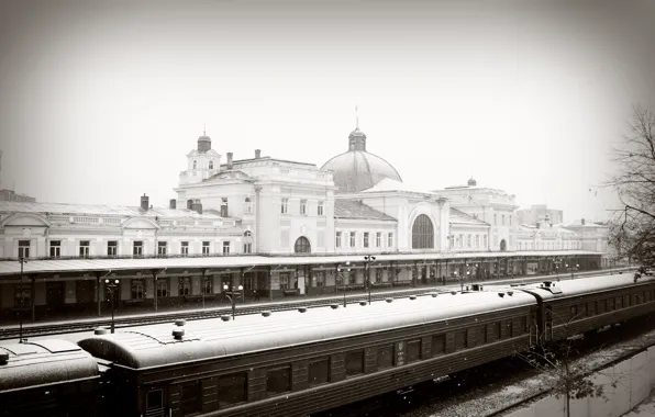 Картинка зима, снег, вокзал, поезд, железная дорога, ивано-франковск