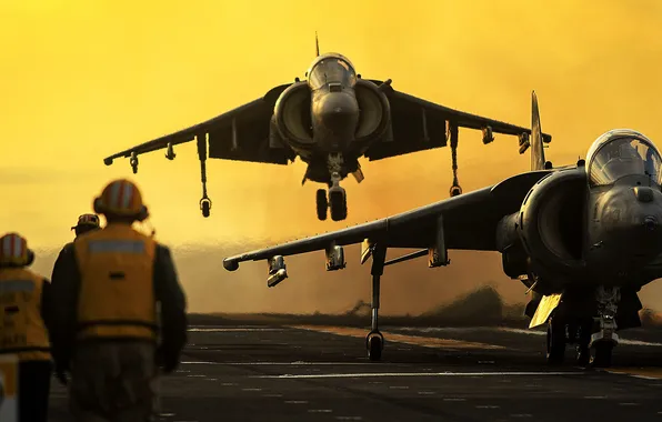 Картинка истребители, пара, палуба, штурмовики, AV-8B, Harriers