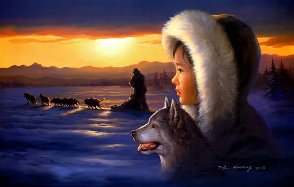 Картинка зима, собаки, арт, девочка, упряжка, Tok Hwang