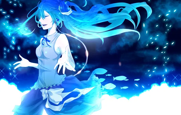Девушка, рыбы, vocaloid, hatsune miku, вокалоид, хатсуне мику