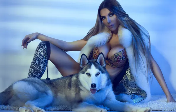 Girl, dog, beautiful, husky