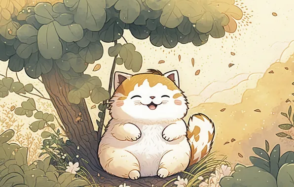 Кошка, кот, листья, радость, природа, поза, улыбка, котенок