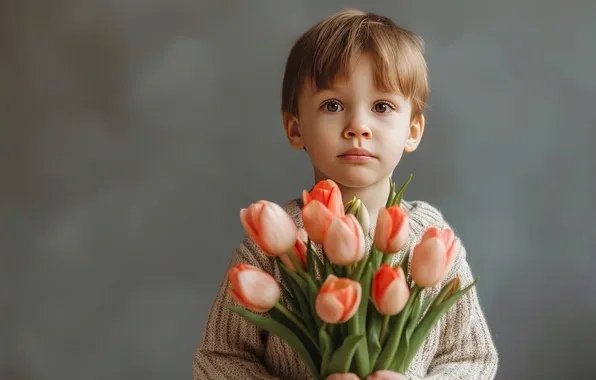 Цветы, подарок, букет, весна, мальчик, тюльпаны, 8 марта, День Святого Валентина