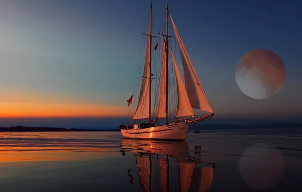 Море, небо, закат, отражение, луна, яхта, заря