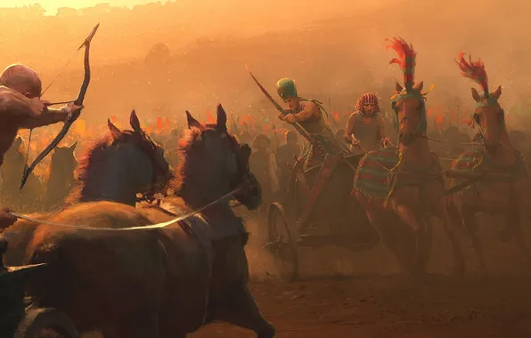 Картинка оружие, кони, колесница, армия, лук, арт, фараон, битва