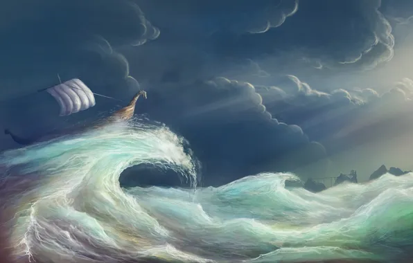 Картинка облака, шторм, волна, корабль, арт