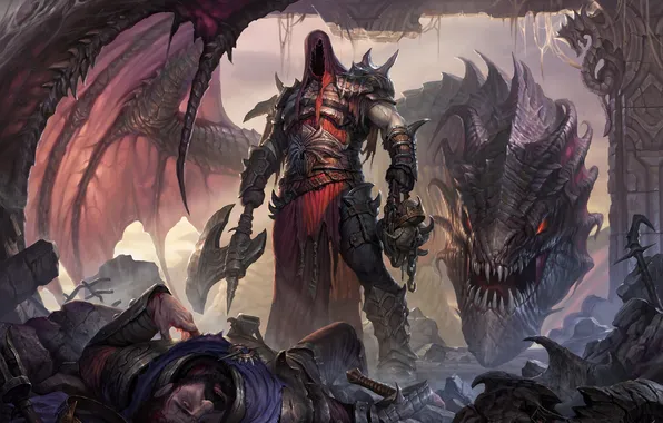 Фантастика, дракон, корона, демон, арт, топор, король