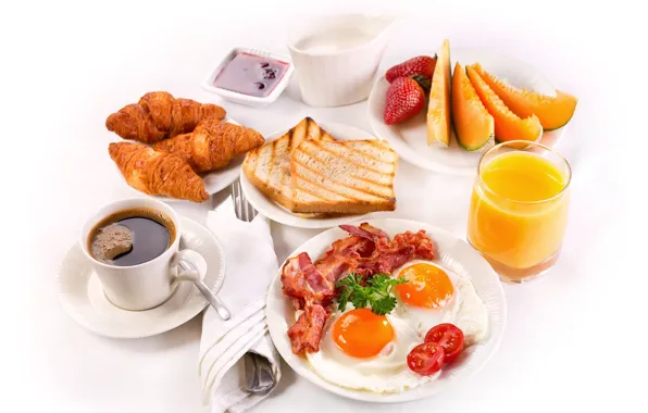 Кофе, завтрак, клубника, сок, juice, яичница, помидоры, выпечка