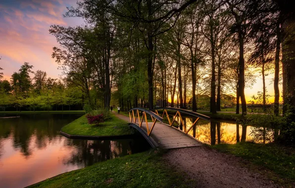 Картинка деревья, пейзаж, закат, природа, пруд, дорожка, Нидерланды, мостик
