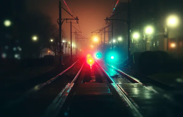 Картинка ночь, туман, дороги, рельсы, Город, боке