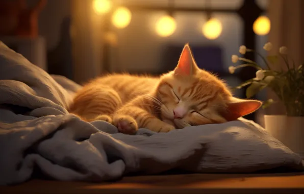 Кошка, кот, свет, цветы, поза, котенок, комната, сон