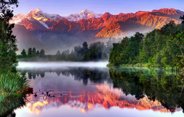 Картинка лес, небо, отражения, горы, озеро, Новая Зеландия, Южный остров, Национальный парк Вестленд