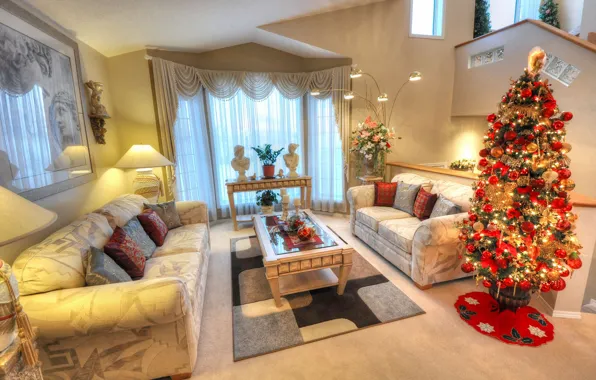 Картинка диван, праздник, елка, Новый Год, Рождество, столик, гостиная